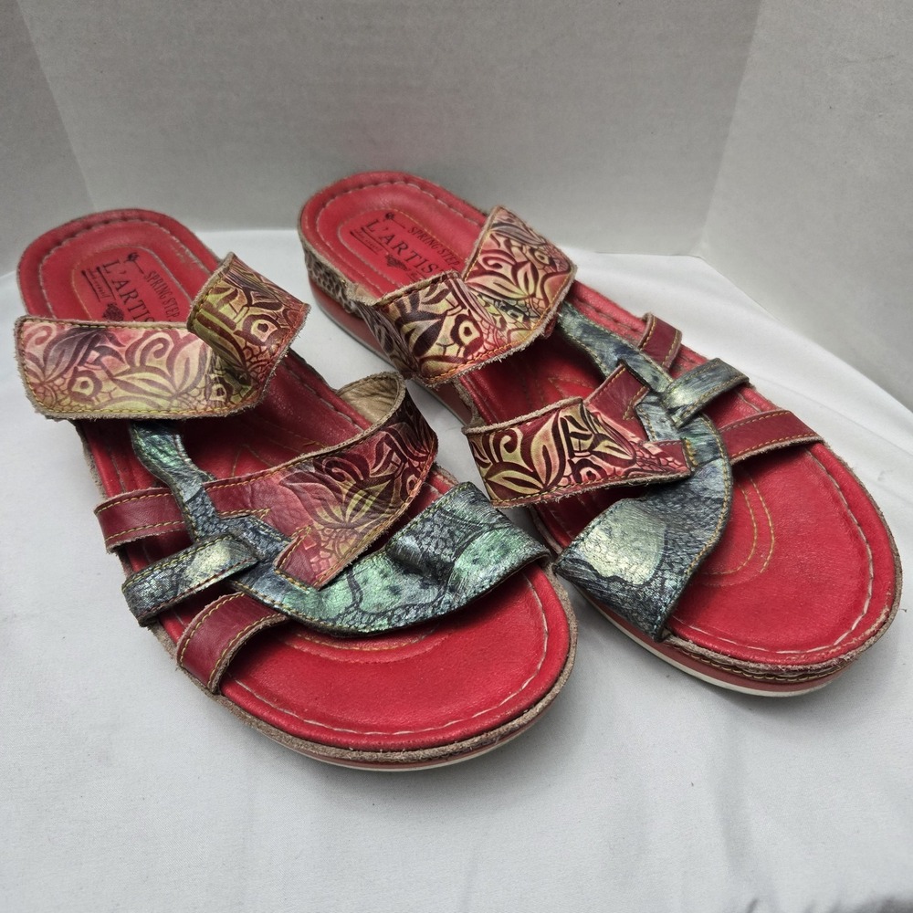 Lartiste Leather Caiman‎ Sandals Red Multi Size 10 Euro 41 Boho Festival Artsy